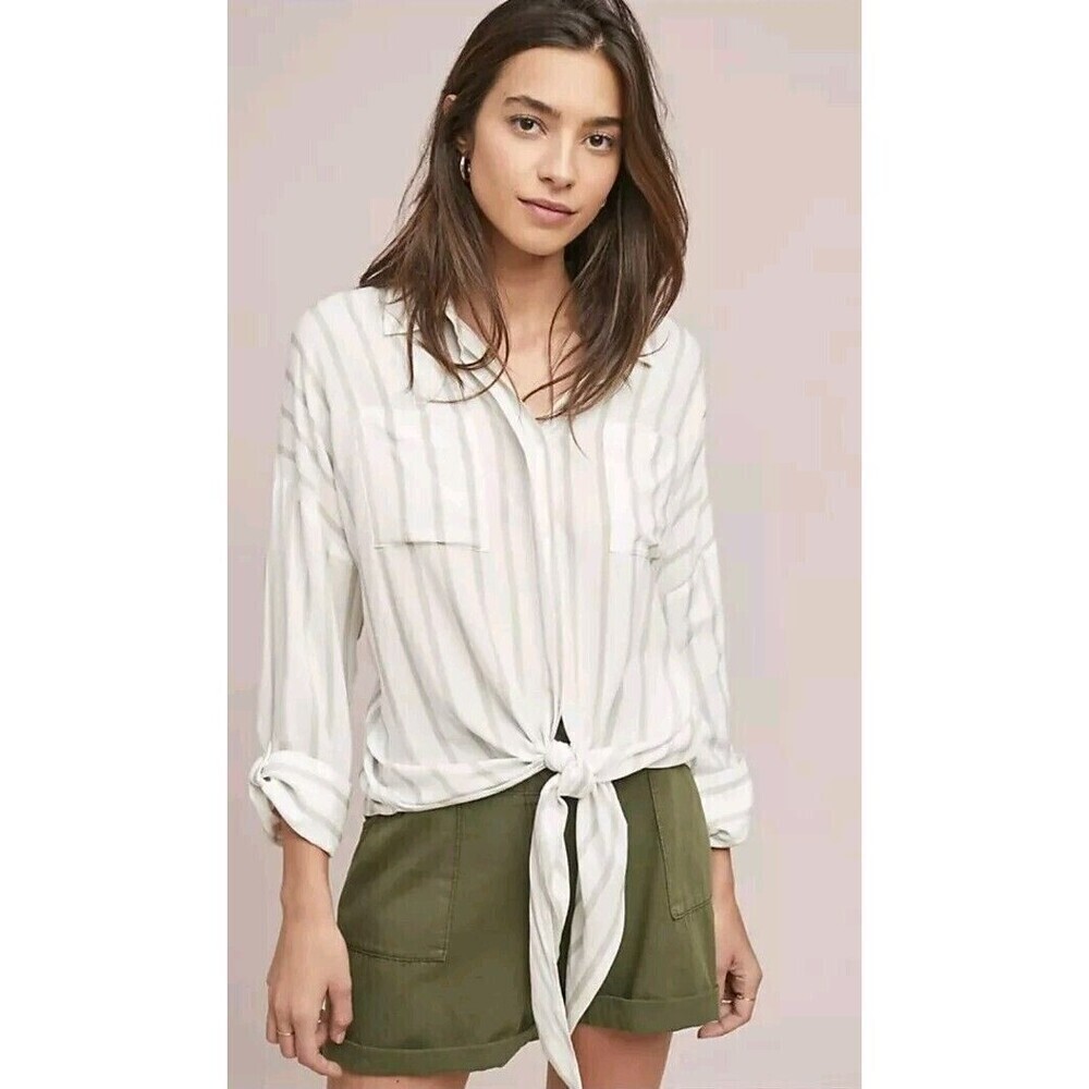 maeve by anthropologie button up shirt cream striped viscose top tie size s